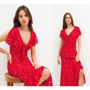 Reformation Talleen Floral Tie-Neck Midi Dress Slit Sleeve Flowy Fit Red Size 6